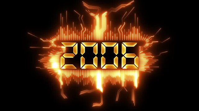 animated happy new year 2006 greeting with futuristic neon style fireworks and black background.