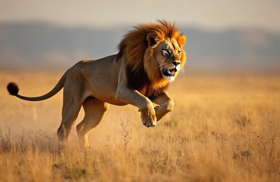 Male lion with mane runs across golden savanna field. Big cat strides through dry grass, showing power and speed. Wildlife predator moves in natural habitat during daytime.