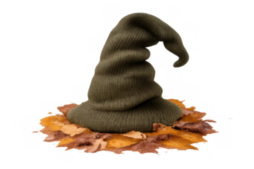 Dark green wizard hat made of fabric resting on a pile of colorful autumn leaves, representing enchantment and mystery on transparent background