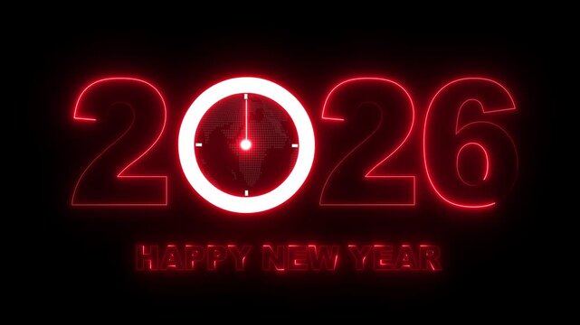Glowing neon new year 2026 celebration with clock animation. Happy New Year 2026 celebration with blue light abstract clock on futuristic technology background, Motion graphics of 2026 year text. 4k