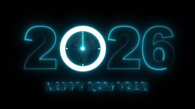 Glowing neon new year 2026 celebration with clock animation. Happy New Year 2026 celebration with blue light abstract clock on futuristic technology background, Motion graphics of 2026 year text. 4k