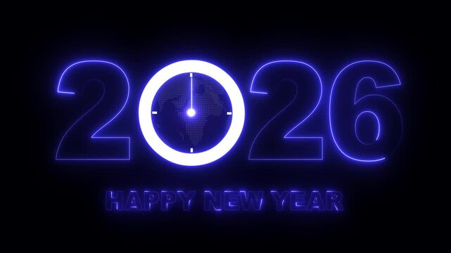 Glowing neon new year 2026 celebration with clock animation. Happy New Year 2026 celebration with blue light abstract clock on futuristic technology background, Motion graphics of 2026 year text. 4k