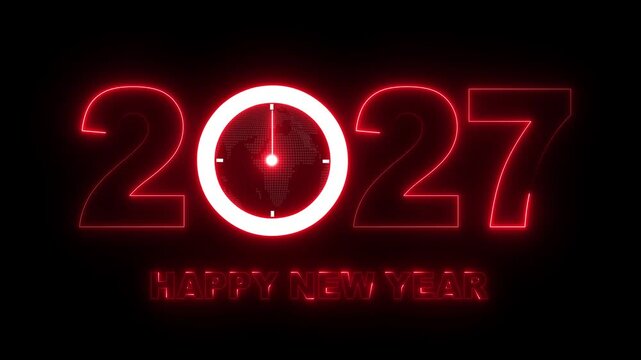 Glowing neon new year 2027 celebration with clock animation. Happy New Year 2027 celebration with blue light abstract clock on futuristic technology background, Motion graphics of 2027 year text. 4k