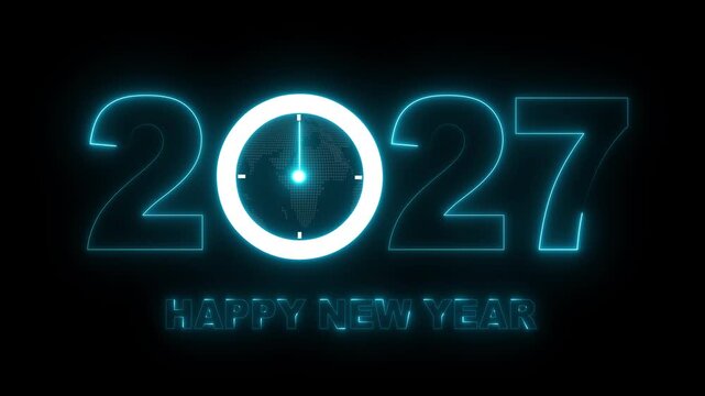 Glowing neon new year 2027 celebration with clock animation. Happy New Year 2027 celebration with blue light abstract clock on futuristic technology background, Motion graphics of 2027 year text. 4k
