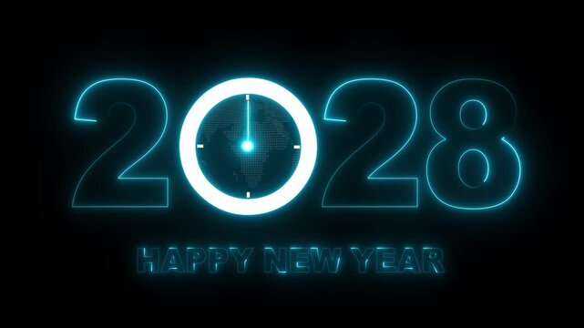 Glowing neon new year 2028 celebration with clock animation. Happy New Year 2028 celebration with blue light abstract clock on futuristic technology background, Motion graphics of 2028 year text. 4k