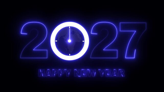 Glowing neon new year 2027 celebration with clock animation. Happy New Year 2027 celebration with blue light abstract clock on futuristic technology background, Motion graphics of 2027 year text. 4k
