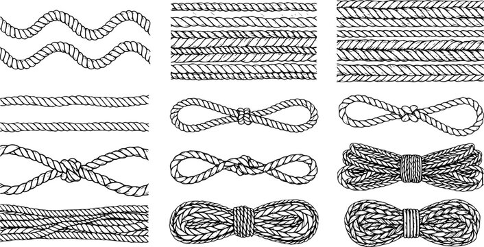 Wavy rope curve set. Repeating hemp cord stripes collection. Wavy loop tie braid bundle. Seamless black and white plait pattern. Vector marine twine design elements for banner, poster, frame, border.