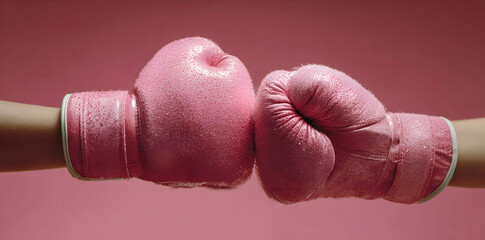 Woman arm and hand is wearing boxing grove and is hooking or fighting with someone or against something, Breast cancer campaign.
