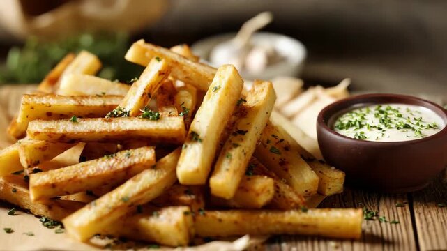 Golden parsnip fries seasoned with herbs served with creamy dipping sauce and garlic