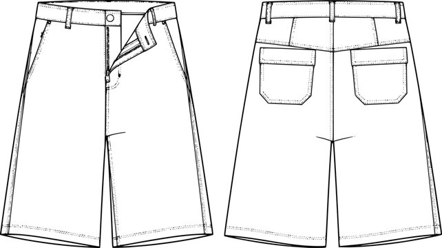 mens wide leg baggy bermuda shorts fashion flat sketch vector illustration technical cad drawing template

