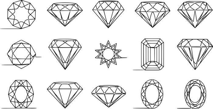 Diamond gem jewel gemstone line icon vector set
