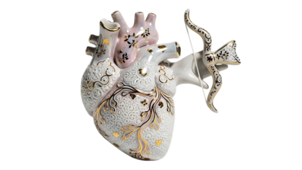 Decorative human heart model with gold accents and arrow