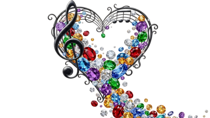 Musical heart filled with jewels and gems