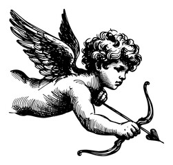 Fototapeta premium Cupid angel shooting bow and arrow, vintage valentine love god cherub sketch vector illustration