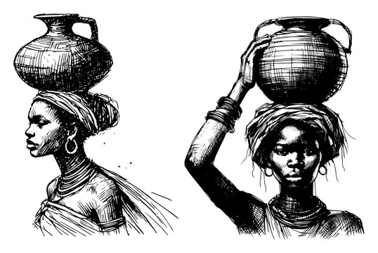 African woman carrying clay water pot on head, traditional tribal culture sketch vector illustration