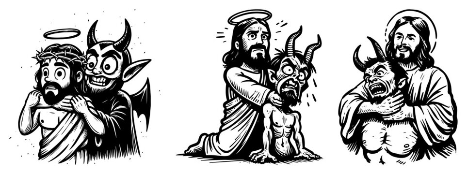 Jesus Christ fighting and conquering the devil, good vs evil spiritual struggle sketch vector illustration