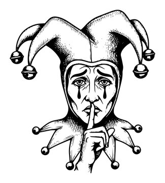 Sad jester with finger on lips showing silence sign, vintage joker sketch vector illustration