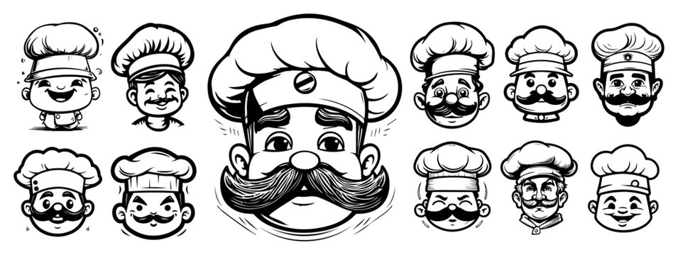 Set of funny chef head portraits with mustaches, restaurant cook character mascot sketch vector illustration