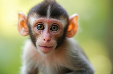 Cute baby monkey looking at camera. Small primate with big eyes sits in green jungle. Young animal has fuzzy fur, pink ears. Tiny mammal portrait.