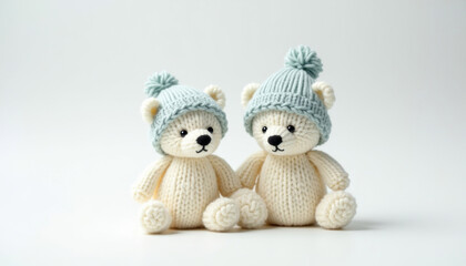 Two knitted teddy bears wearing blue winter hats sitting on a white background, cozy and adorable design concept
