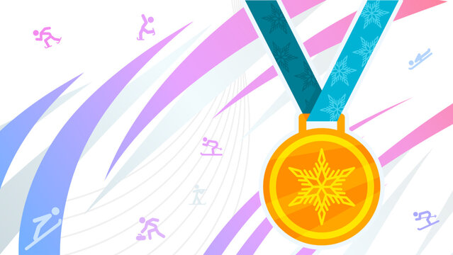 Winter sports, background with gold medal and symbols of disciplines and copy space - background, banner, vector illustration