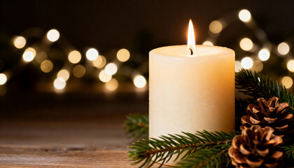 Lit candle with pine branches and pinecones on wooden surface, festive bokeh lights in the background