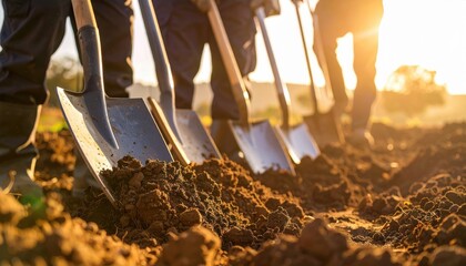 Shovels digging into soil at sunset represent teamwork, labor and the beginning of sustainable agriculture or community development projects