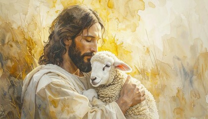 Jesus Christ embracing a lamb symbolizing compassion faith protection and divine love of God in a serene setting