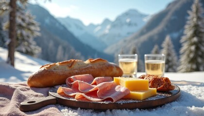 Fototapeta premium Cold mountain picnic with ham cheese and drinks on snow. Couple enjoys romantic meal with snowy peaks background. Winter landscape food and beverage setting for celebration.