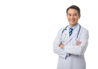 Fototapeta premium Middle-aged asian male doctor in white lab coat, blue striped tie, stethoscope, arms crossed, smiling confidently against transparent background with copy space. Concept of healthcare professionalism