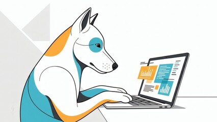 Dog using laptop in a tech background
