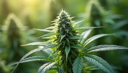 Obraz premium Green marijuana plant with fresh bud grows in natural light. Close up of cannabis flower and leafy stalks in garden. Healthy organic herb for wellness and agriculture.
