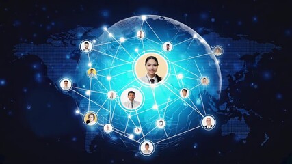Digital global network connecting diverse people profiles across world map, symbolizing social media, technology, communication, teamwork, and international collaboration in modern online community. - Powered by Adobe