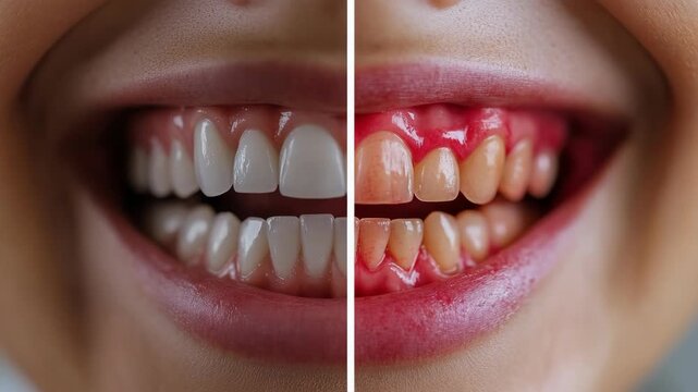 Split-screen macro image showing healthy white teeth on one side and red inflamed gums with dental problems on the other, symbolizing oral hygiene, health care, and the importance of dental treatment.