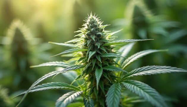 Green marijuana plant with fresh bud grows in natural light. Close up of cannabis flower and leafy stalks in garden. Healthy organic herb for wellness and agriculture.