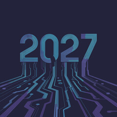 Futuristic blue circuit board lines forming year 2027 &ndash; Ideal for tech innovation, digital transformation, or future planning content.