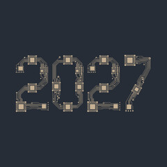 2027 microchip circuit pattern vector &ndash; Ideal for tech trends, future planning, or electronic industry content.