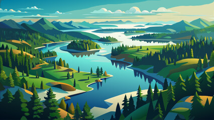 Very beautiful aerial landscape of interconnected lakes surrounded by dense green forests, highlighting vast untouched wilderness in Finland.