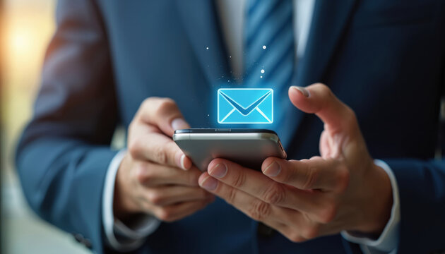 Man in suit holds phone checking email. Digital envelope icon appears. Business communication via mobile device. Sending or receiving digital messages for work.