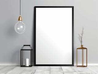 Modern Interior Frame Mockup with Empty Frame in Modern Neutral Wall Living Space