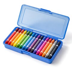 Naklejka premium Colorful wax crayons set in blue plastic box isolated on white background, product photography