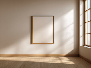 Minimalist Wooden Frame Mockup with Empty Frame in Empty Room with Aesthetic Shadow