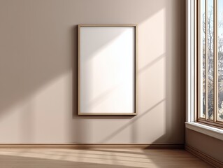 Aesthetic interior Frame Mockup with Empty Frame in Neutral Wall Room