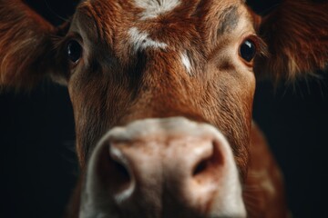 A beautiful brown and white cow's face is shown in a tight close-up, looking directly forward with attentive, dark eyes.