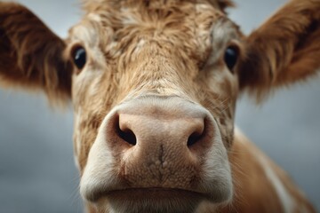 A beautiful brown cow's face is captured in a close up portrait, with its curious eyes and wet nose looking directly at the camera.