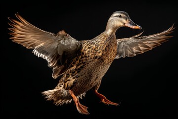 A wild brown duck gracefully spreads its majestic wings wide open, preparing for flight or landing in a dynamic mid-air pose.