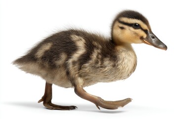 A fluffy brown and yellow duckling walks confidently on a bright white background. This adorable young bird takes small steps forward.