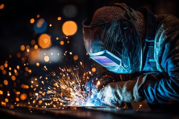 An industrial worker in protective gear performs metal welding, generating a vibrant shower of fiery sparks and intense light.