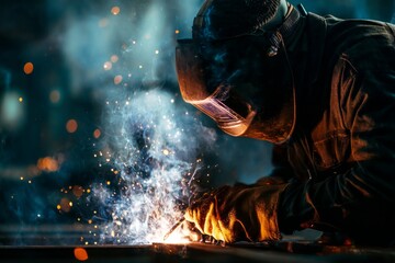 An industrial worker operates a welding machine, producing intense sparks and smoke while fabricating metal components in a dark workshop.