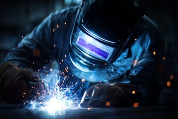 A worker in a welding mask focuses on their task, creating bright sparks as they expertly join metal. This industrial process requires great care and precision.